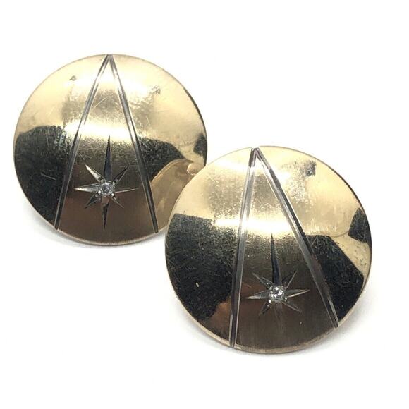 Vintage 14k Gold and Sterling Silver Earrings 925 Diamond Designer Deco Style - Picture 1 of 5